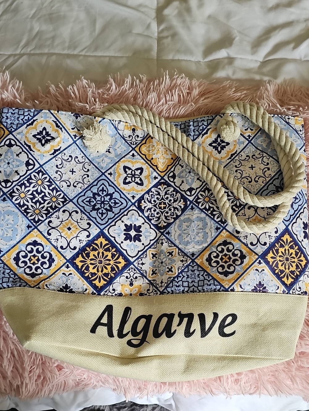 Algarve Patterned Beach Tote Bag in Blue and Yellow